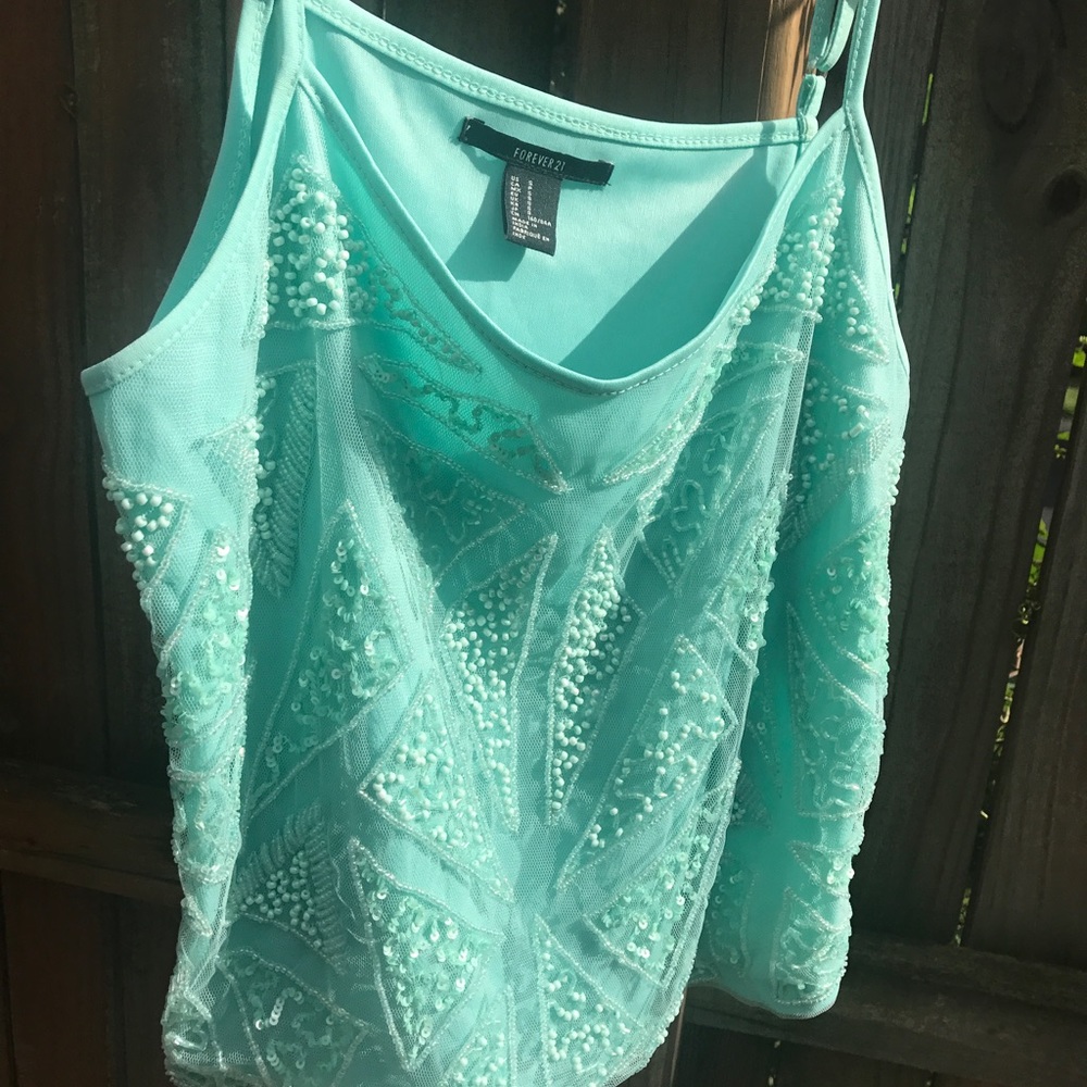 Embroidered beaded adjustable strap tank top